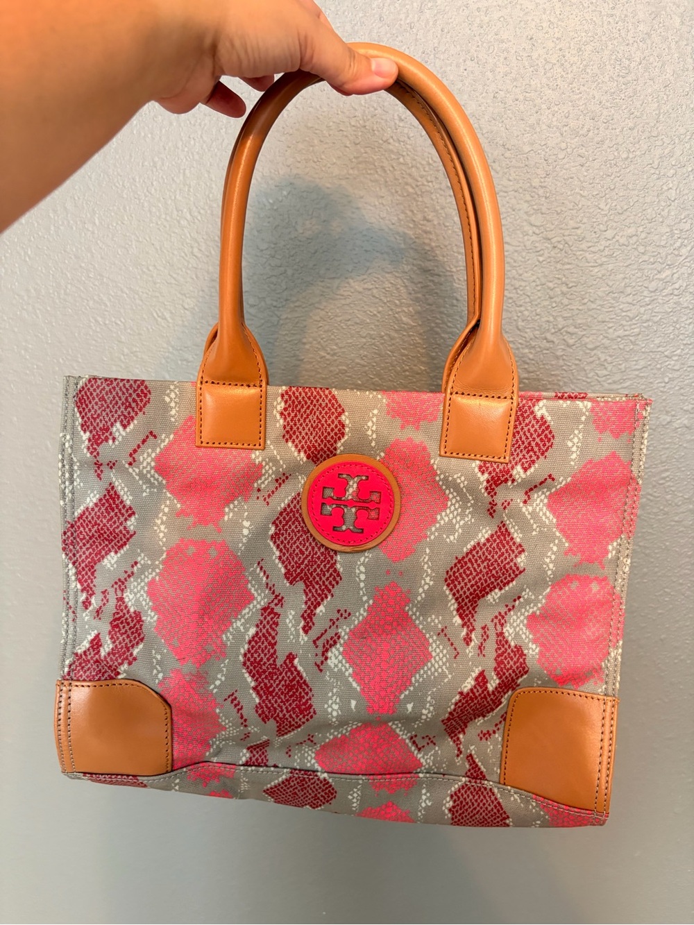 Tory Burch Pink and Tan Snake-Print Tote
